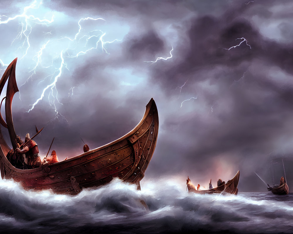 Viking ships sailing turbulent seas under stormy sky with lightning
