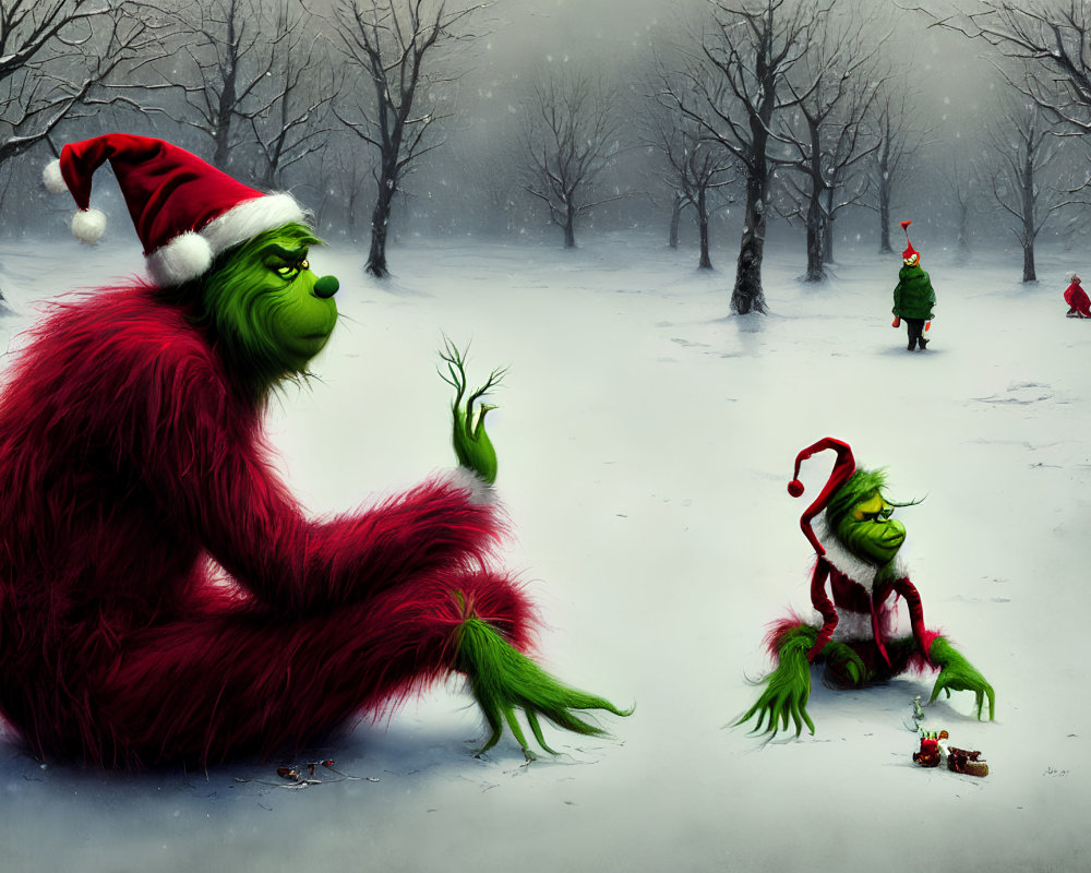 Whimsical snowy landscape with the Grinch and children playing