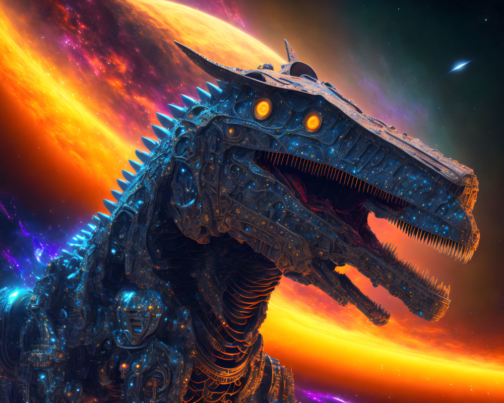 Detailed Mechanical Dinosaur with Glowing Eyes in Fiery Cosmic Background