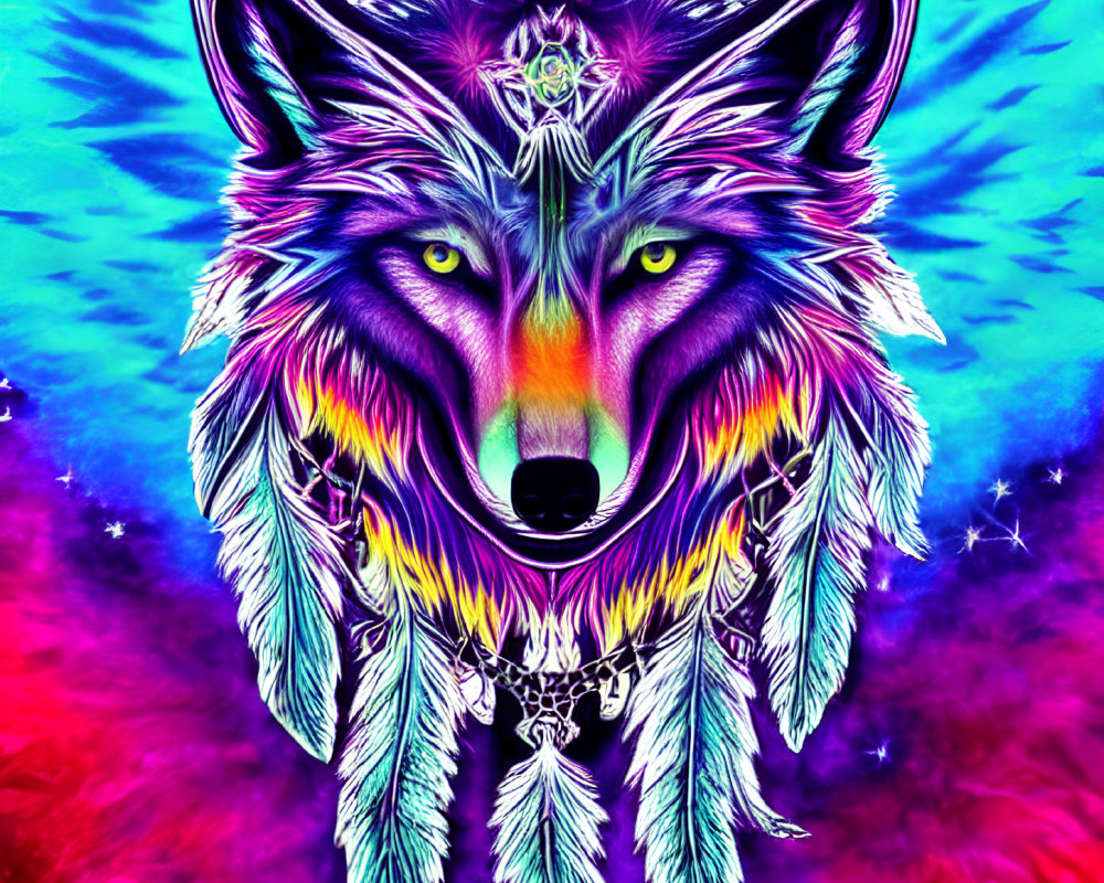 Neon-colored wolf with tribal designs on cosmic backdrop