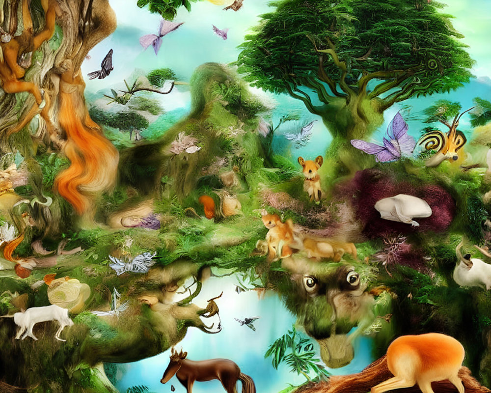 Colorful forest scene with animals, butterflies, and whimsical trees under sun