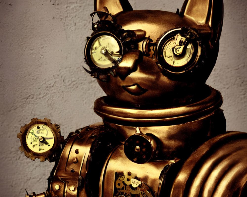 Bronze Steampunk Cat Sculpture with Goggles and Gear Details