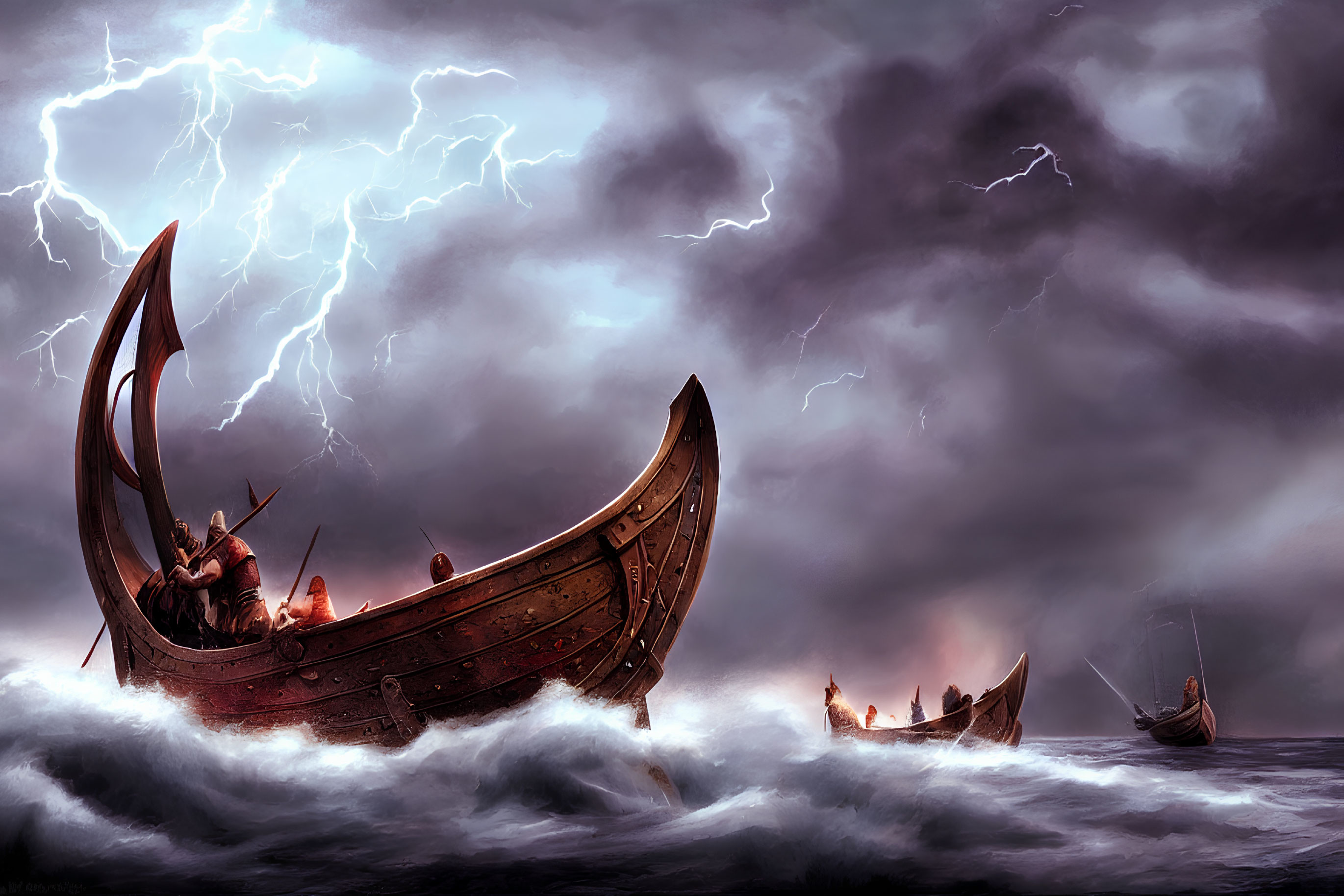 Viking ships sailing turbulent seas under stormy sky with lightning