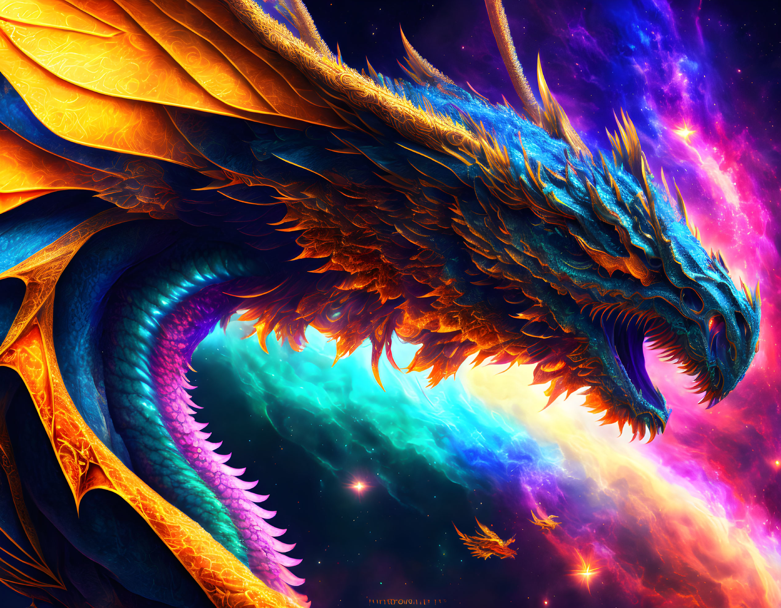 Blue dragon digital artwork with golden accents in cosmic sky