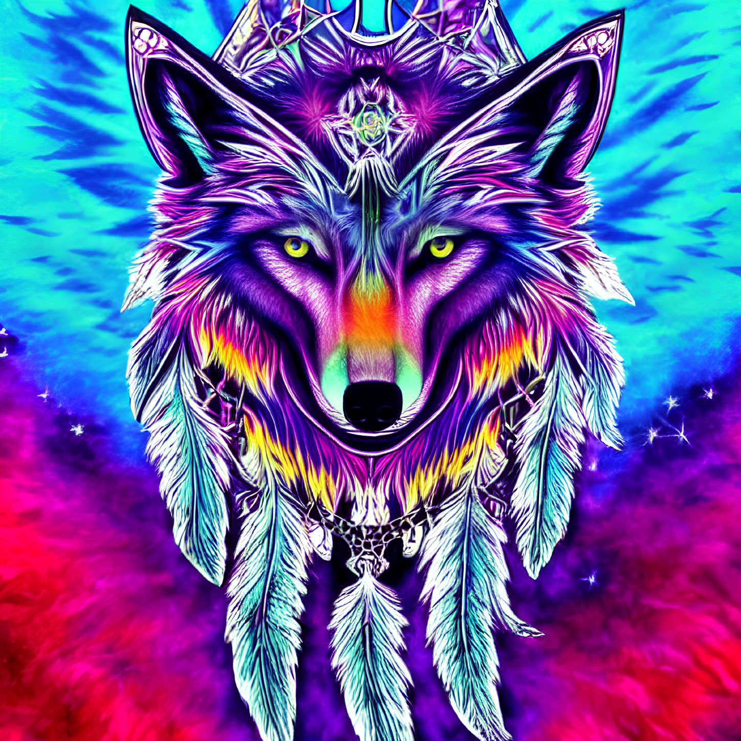 Neon-colored wolf with tribal designs on cosmic backdrop