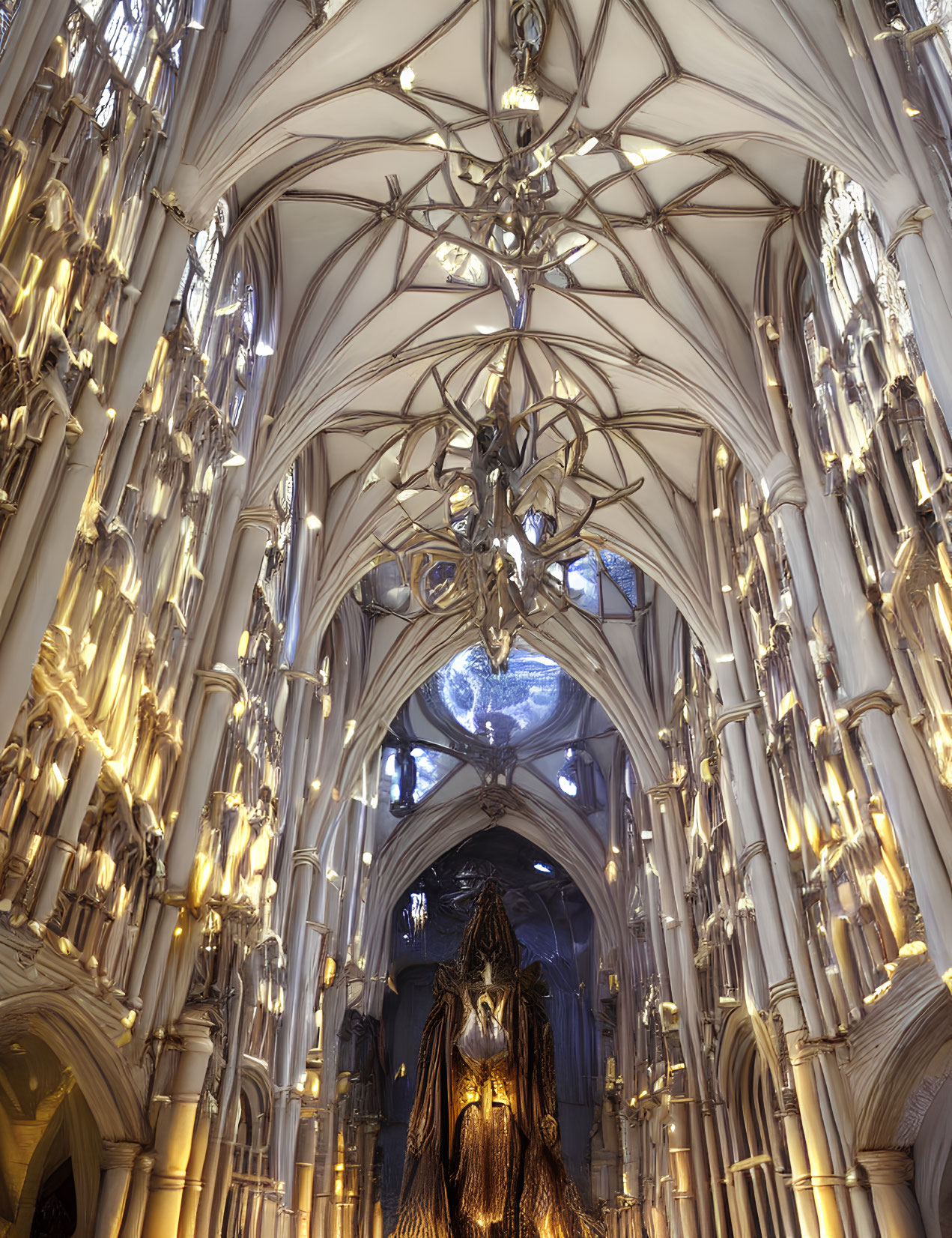 Opulent Gothic interior with vaulted ceilings and central figure