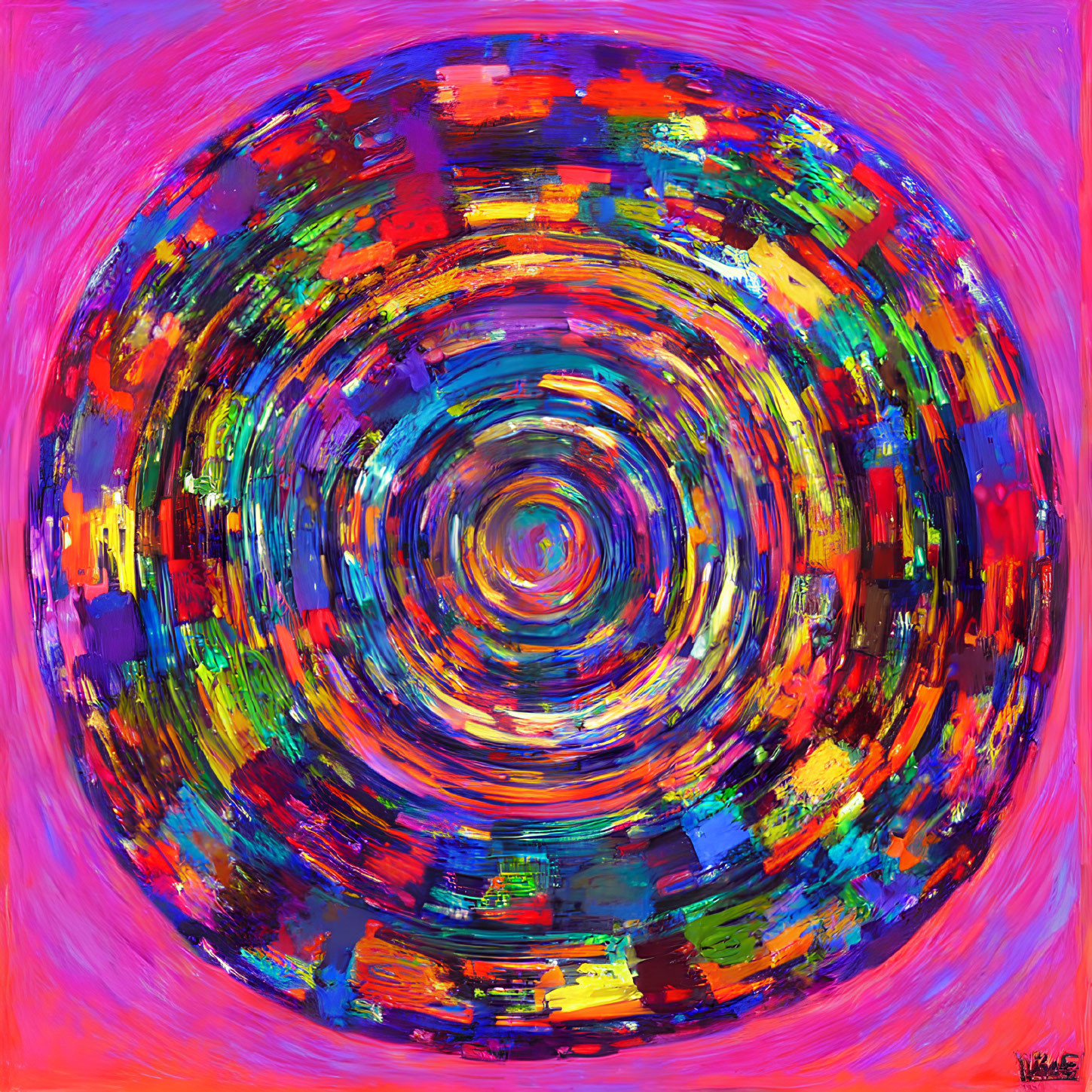 Colorful Abstract Painting with Swirling Blues, Reds, and Yellows on Pink Background