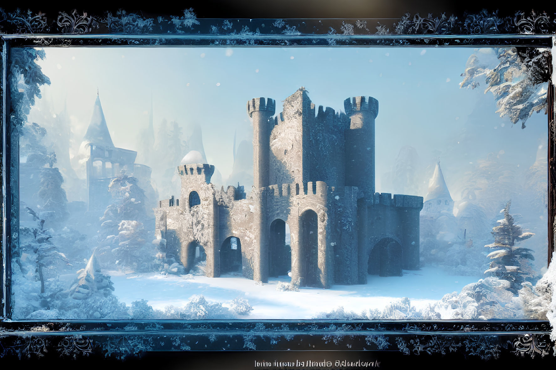 Snowy medieval castle in frosted tree landscape - winter ambiance.