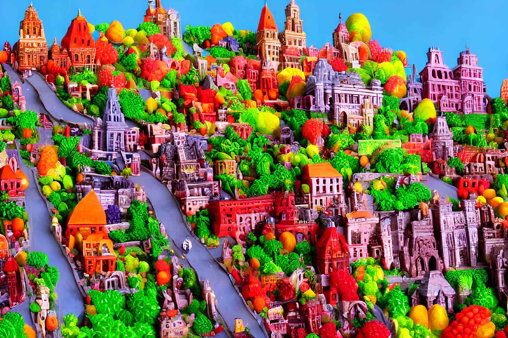 Colorful miniature landscape of whimsical city with diverse architecture and lush greenery