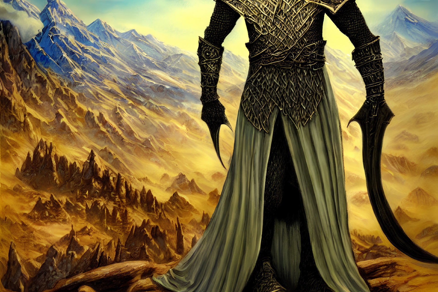 Elaborate armor fantasy warrior in surreal mountain landscape