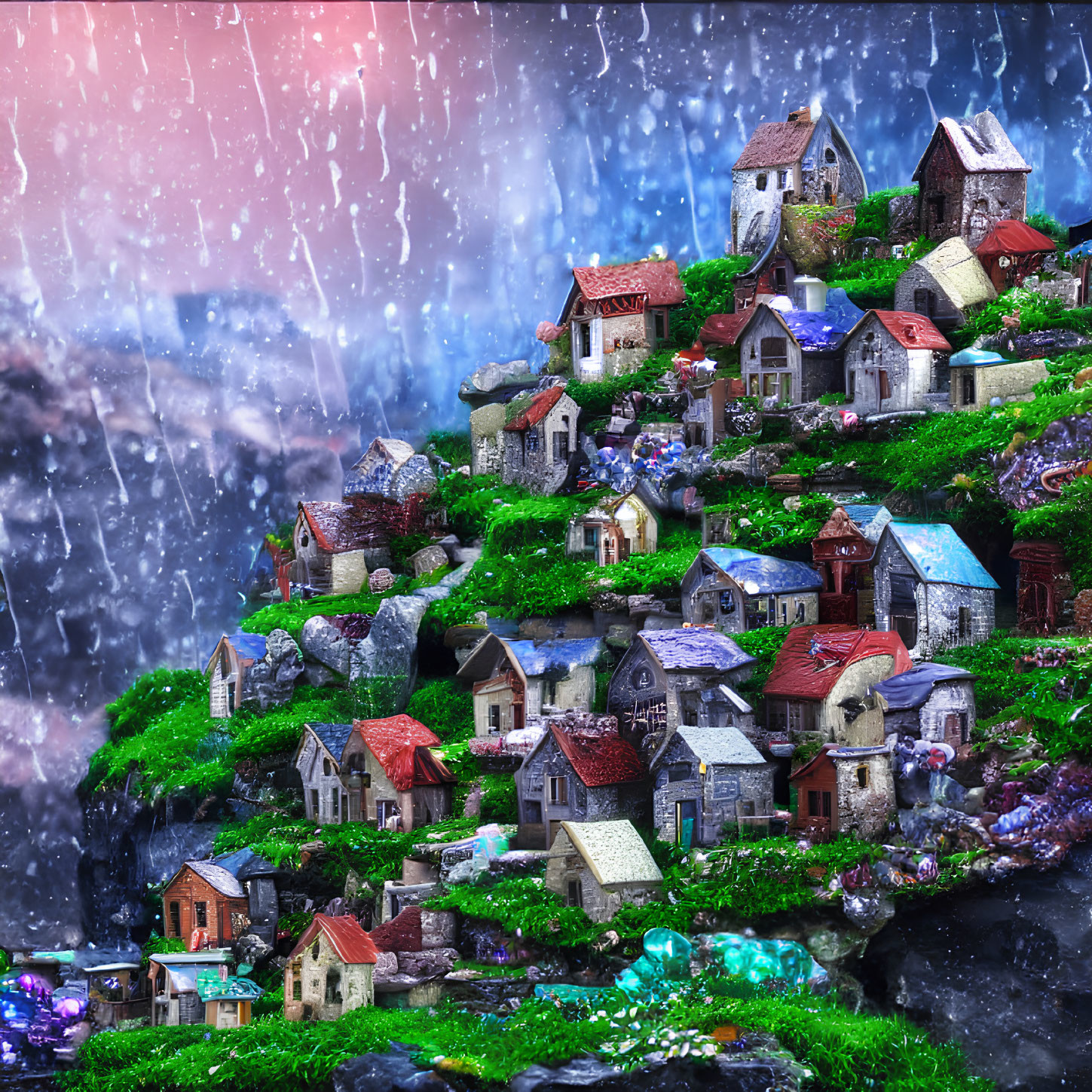 Miniature Village with Sparkling Lights in Lush Green Landscape