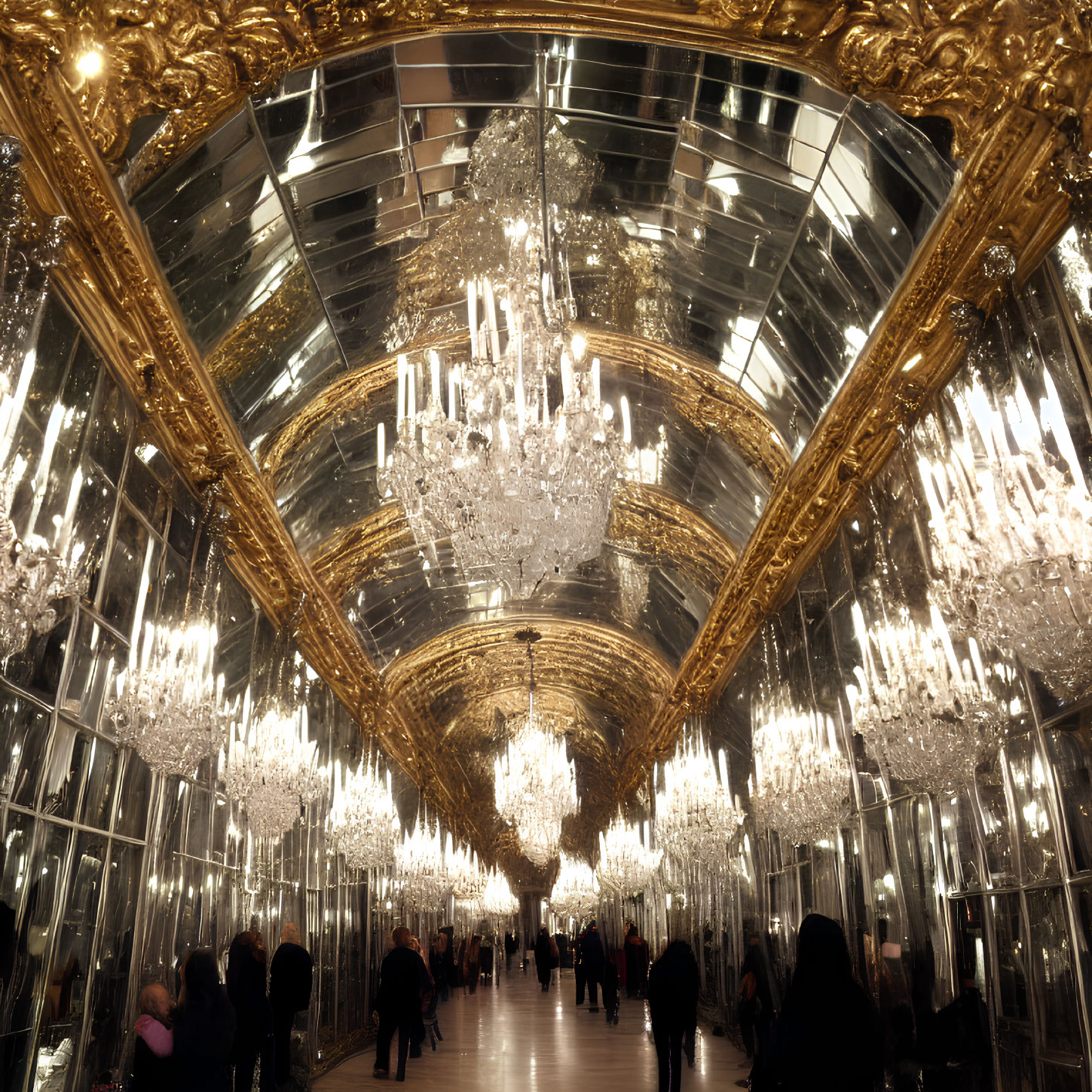 Luxurious Hall with Mirrored Walls and Crystal Chandeliers