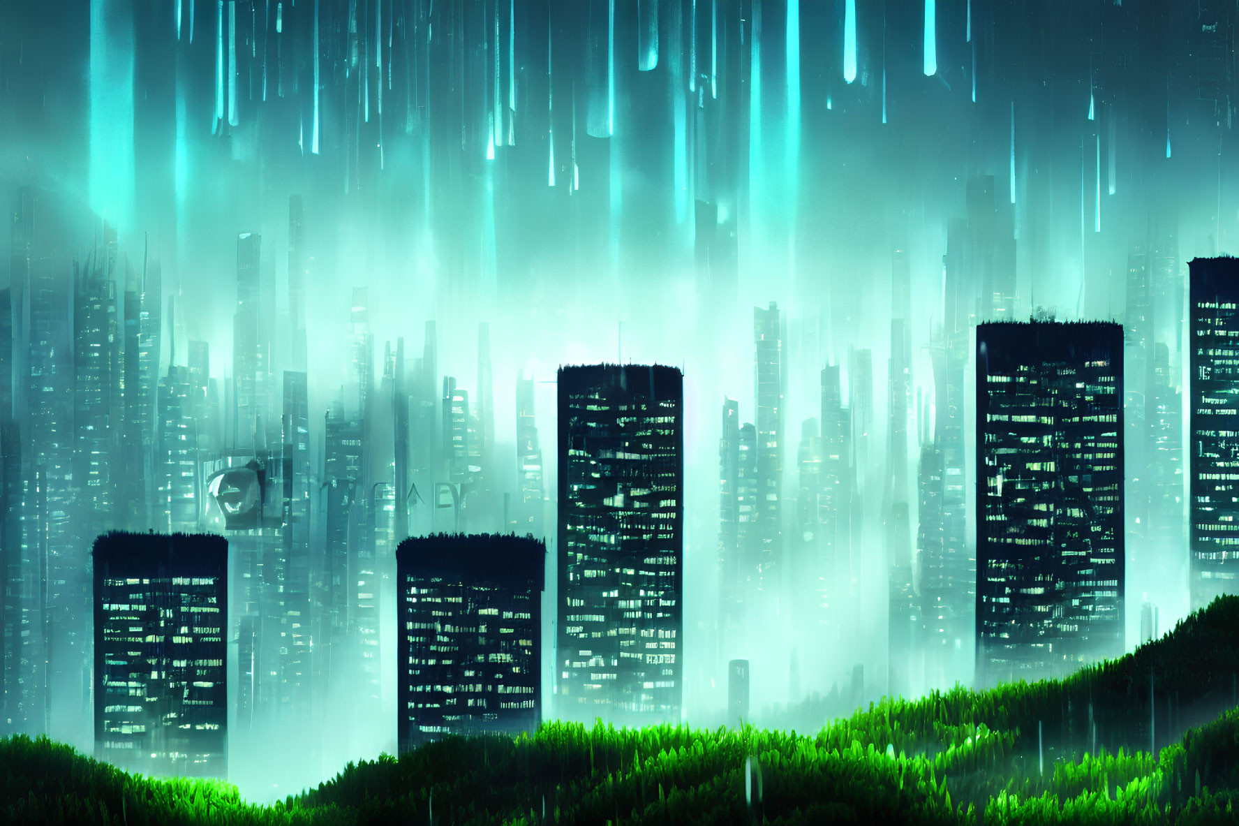 Futuristic night cityscape with neon-green lighting and skyscrapers