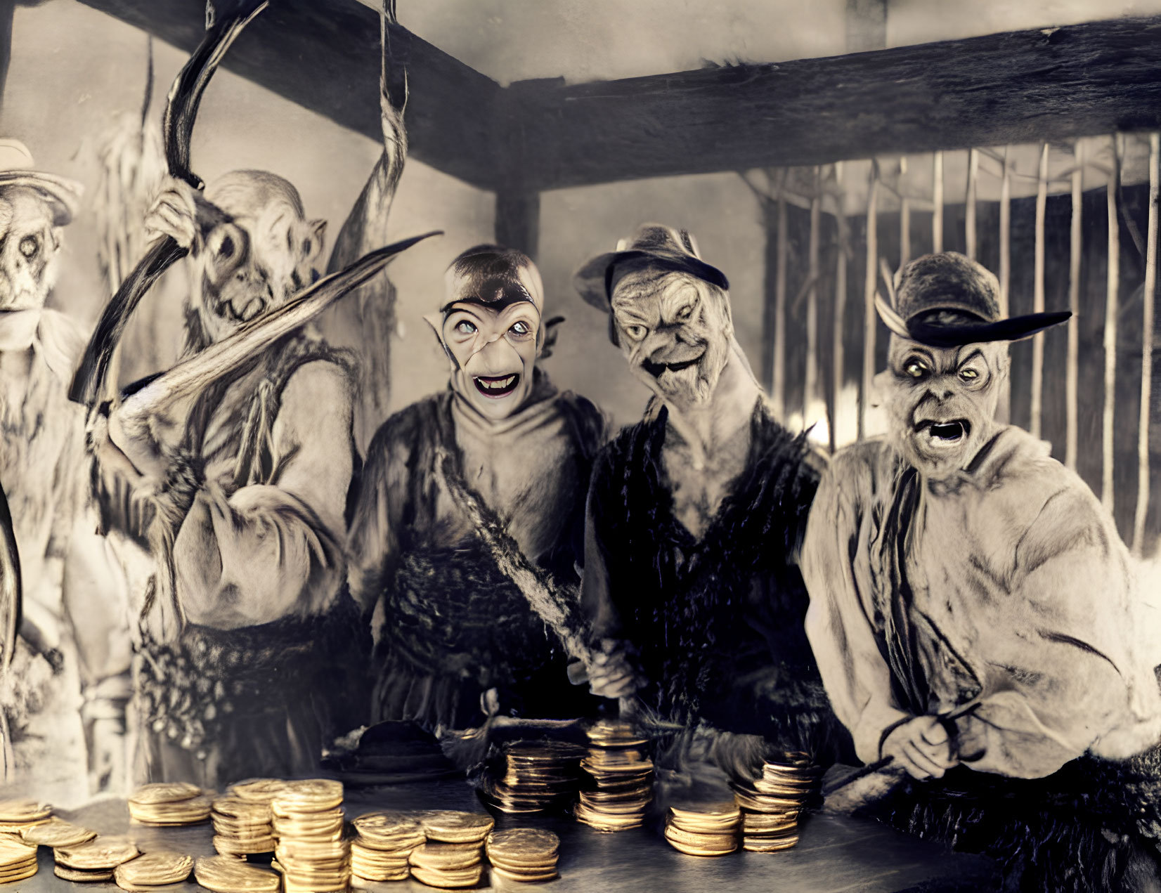 Monochrome image: Four figures in goblin attire with expressive faces by gold coins