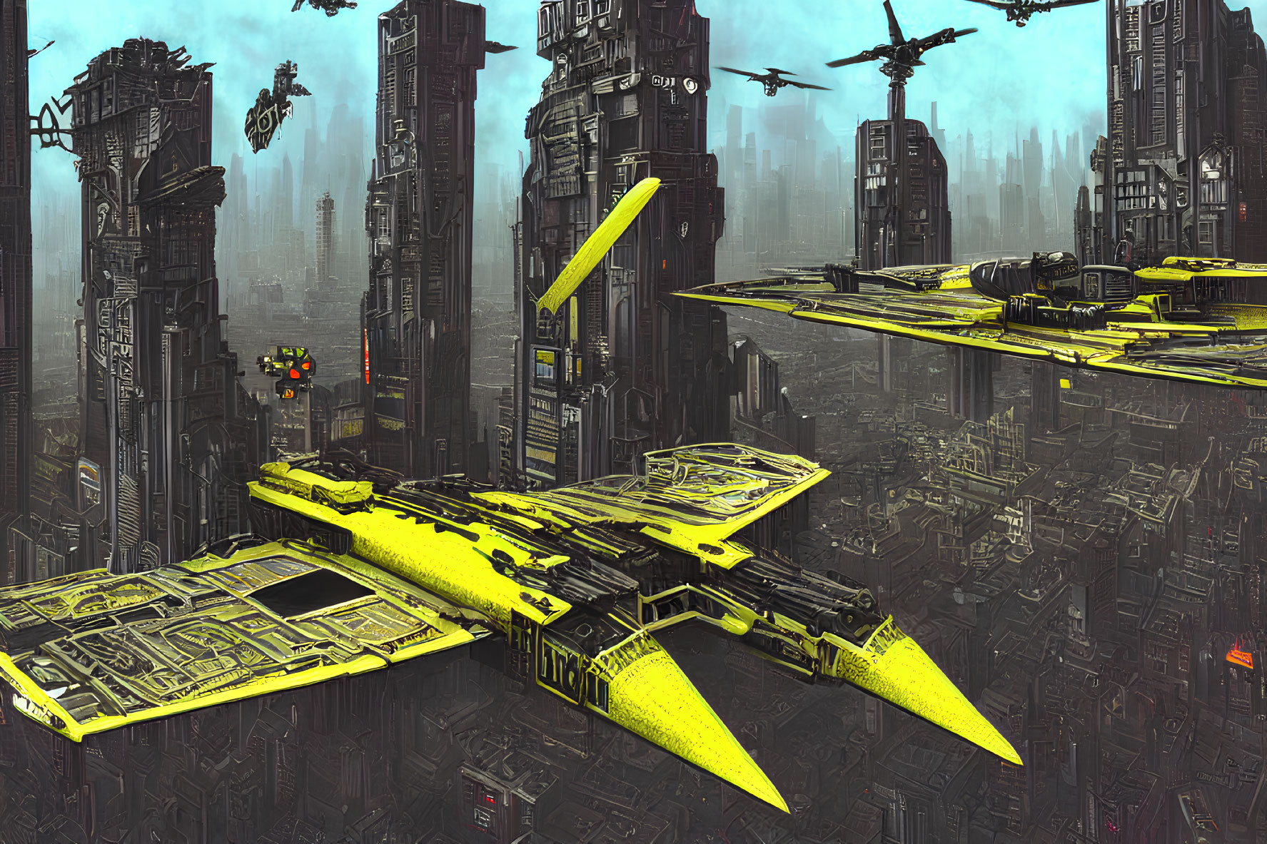 Futuristic cityscape with skyscrapers, flying vehicles, yellow platforms, and hazy background