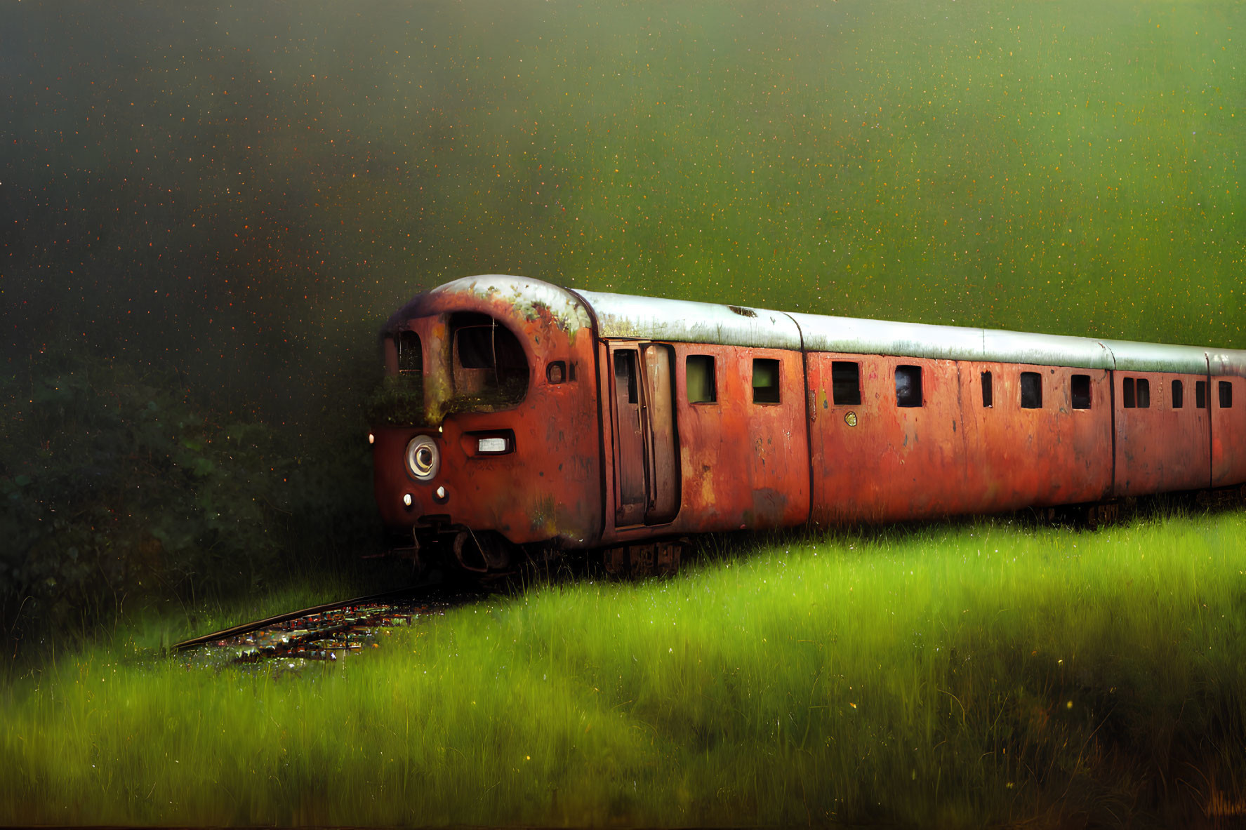 Rusty abandoned train car in green field under starry sky