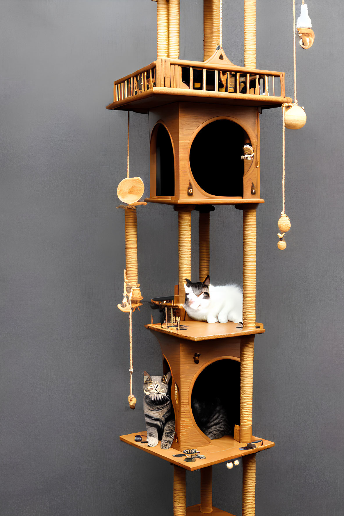 Wooden Cat Tree with Perches, Hideaways, and Hanging Toys Featuring Three Cats on Gray Background
