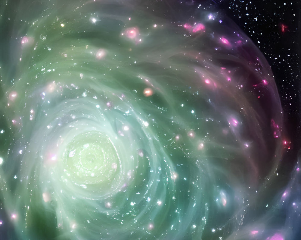 Luminous swirling galaxy with green and purple hues