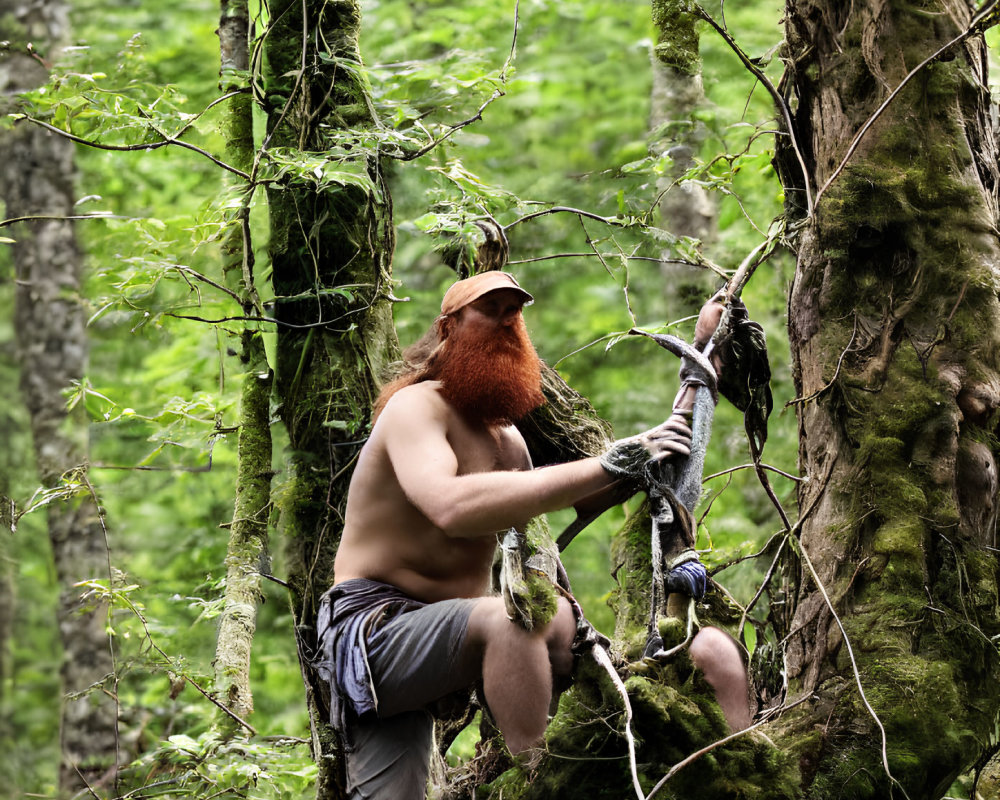 Bearded man in red Viking helmet climbing tree in green forest