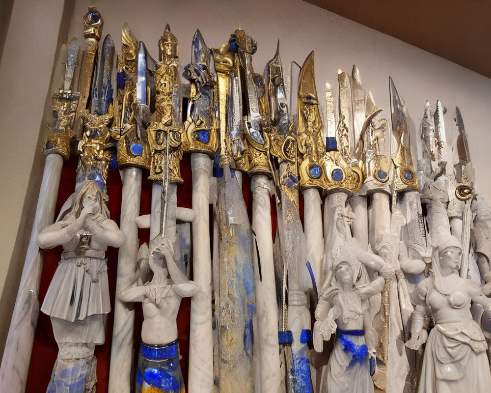 Ornate Fantasy Swords Displayed Above Robed Character Statues