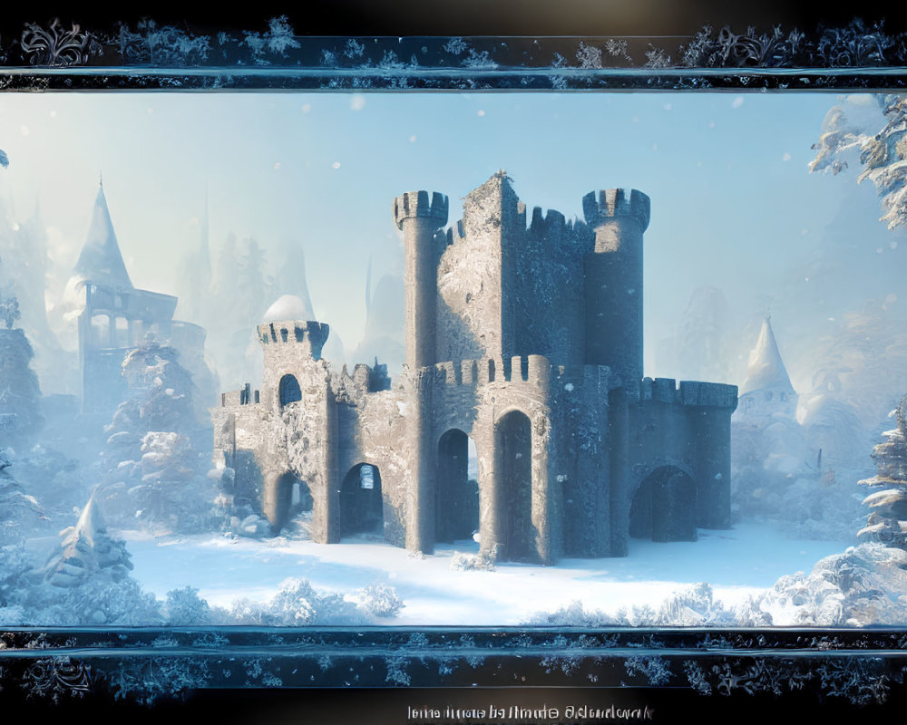 Snowy medieval castle in frosted tree landscape - winter ambiance.