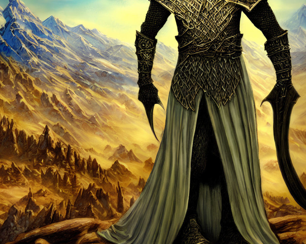 Elaborate armor fantasy warrior in surreal mountain landscape