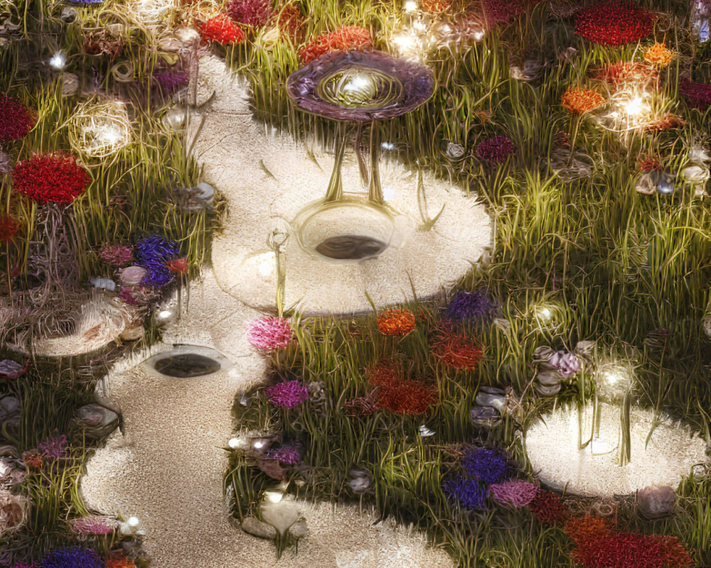 Enchanting garden pathway with glowing flowers and whimsical lanterns