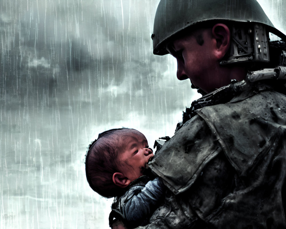 Soldier in combat gear holding a newborn baby under stormy sky