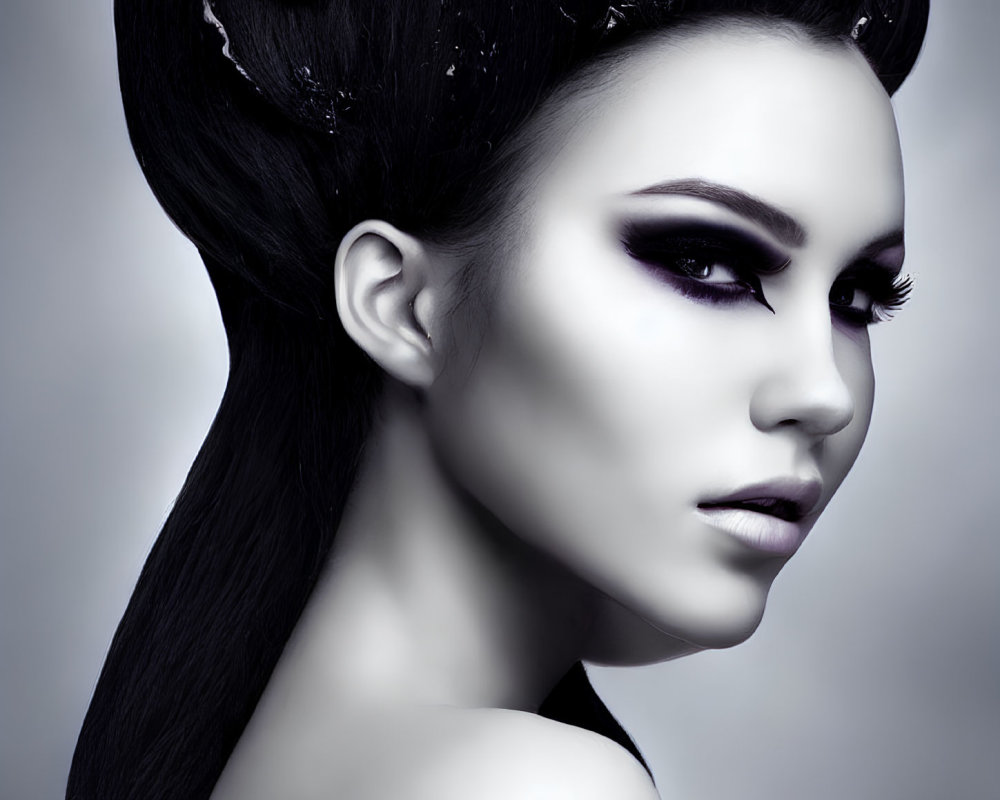 Monochrome portrait of woman with dark makeup and elaborate hairstyle