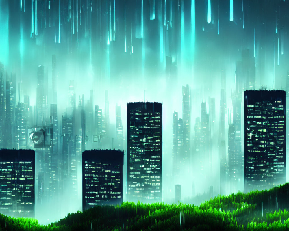 Futuristic night cityscape with neon-green lighting and skyscrapers