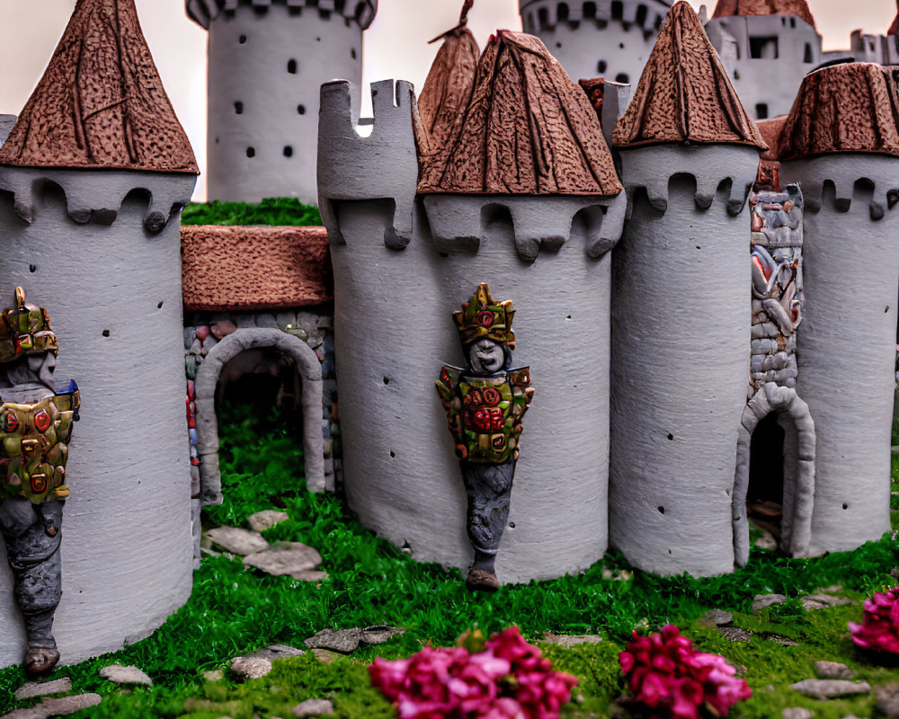 Detailed miniature castle with turrets, knights, and textured walls against cloudy sky and vibrant flowers.