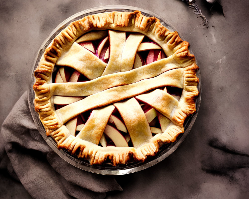 Homemade apple pie with lattice crust in glass dish on gray background