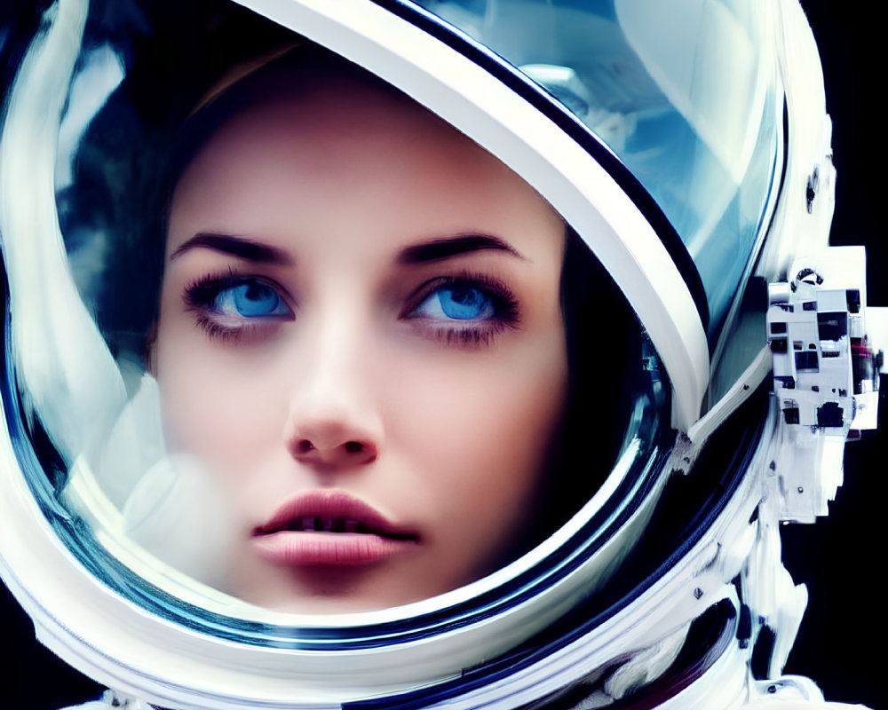 Person in space helmet with focused gaze and shuttle reflection.