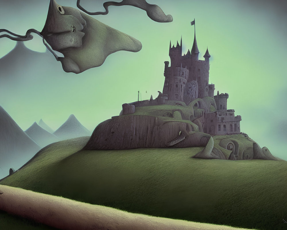 Surreal green landscape with castle, flying creature, misty mountains
