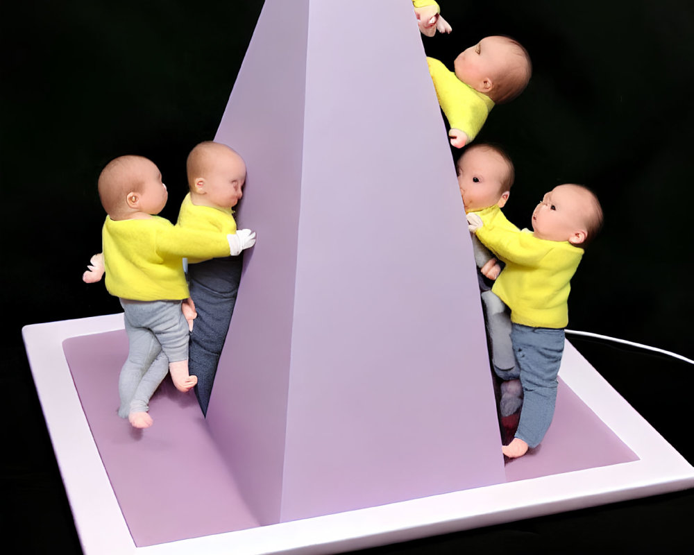 Four baby doll figures in yellow tops and grey bottoms hugging pyramid-shaped object on white platform against black