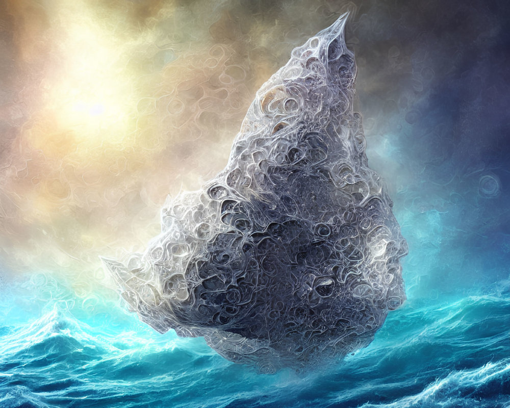 Intricate surreal iceberg above tumultuous ocean under dramatic sky