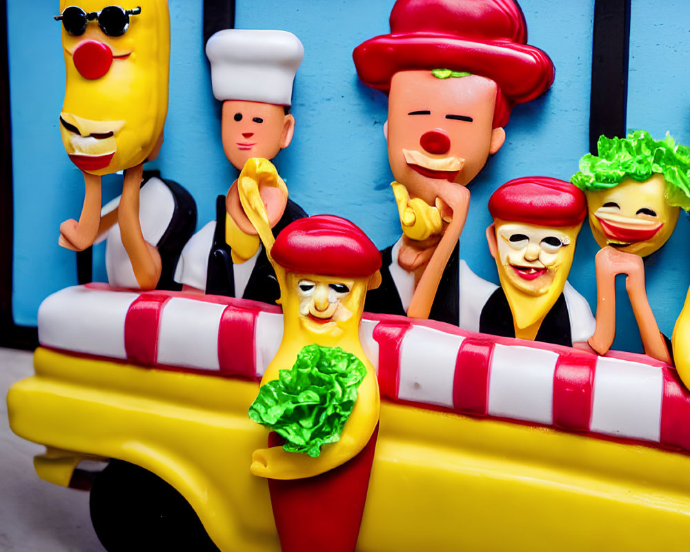 Colorful anthropomorphic fast food figurines in yellow toy car