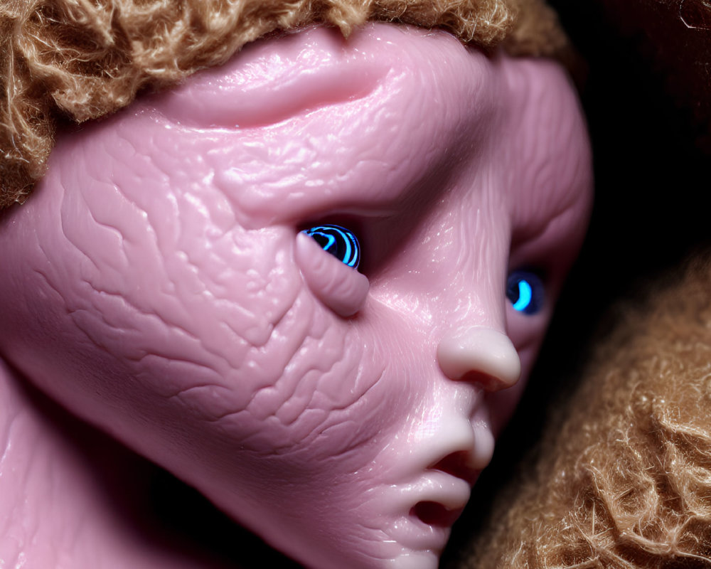 Detailed Close-Up of Doll's Textured Skin and Blue Eyes on Brown Fabric