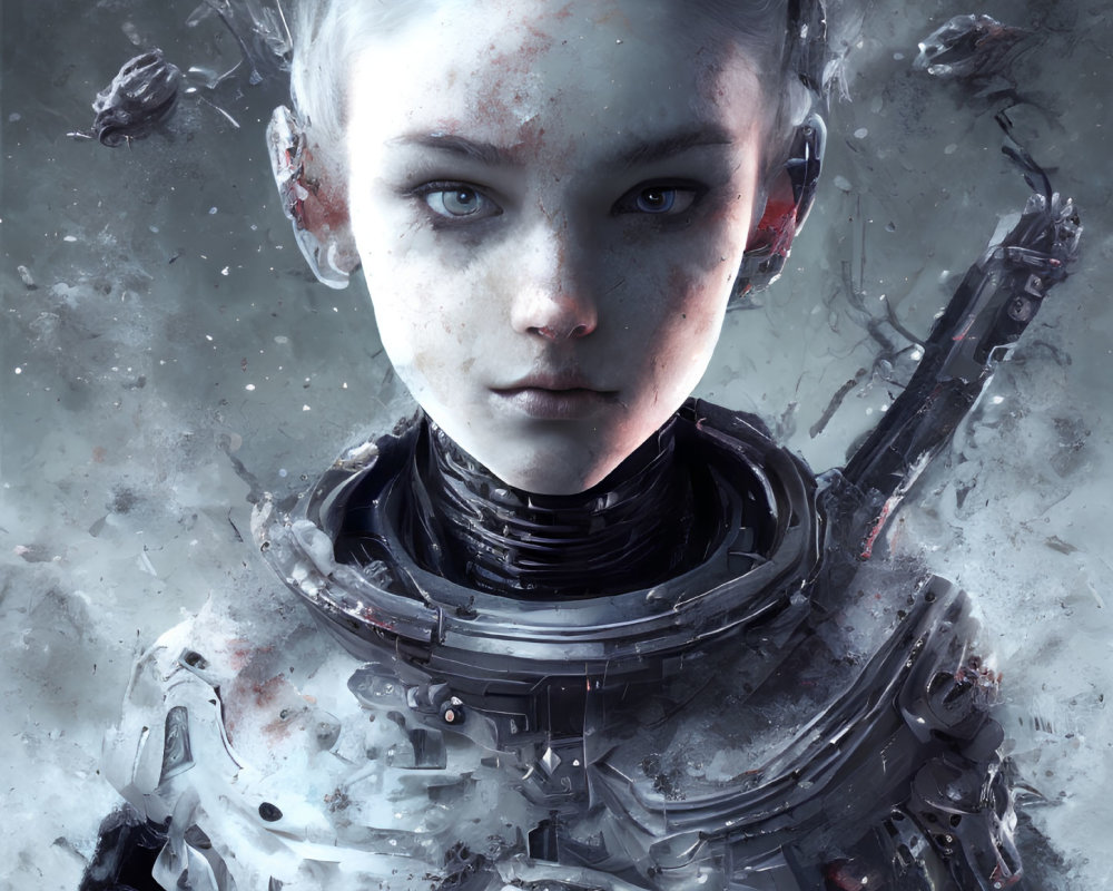 Digital artwork: Young person with blue eyes, white hair, futuristic armor in debris.