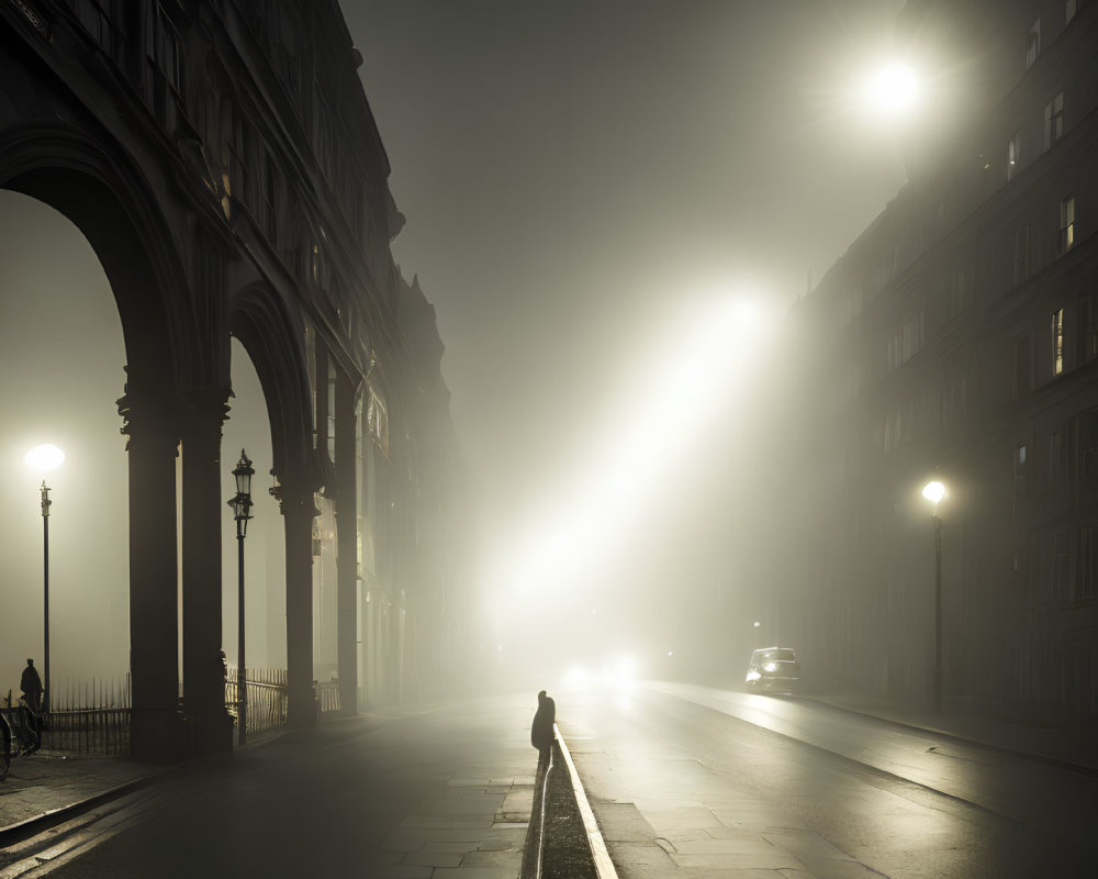 Solitary figure walking on misty city street at night