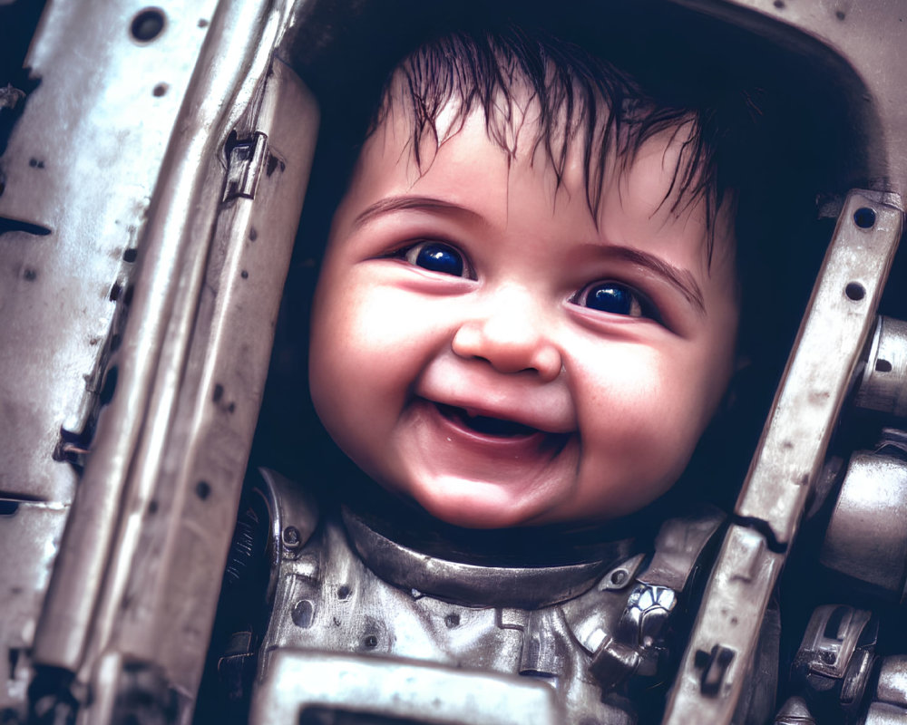 Smiling baby in metallic robotic suit with blue eyes