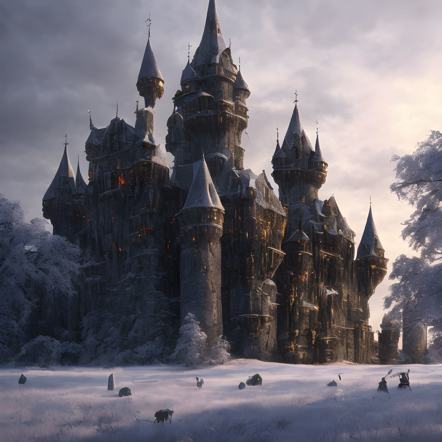 Majestic fantasy castle in snowy landscape with horseback riders and wolf