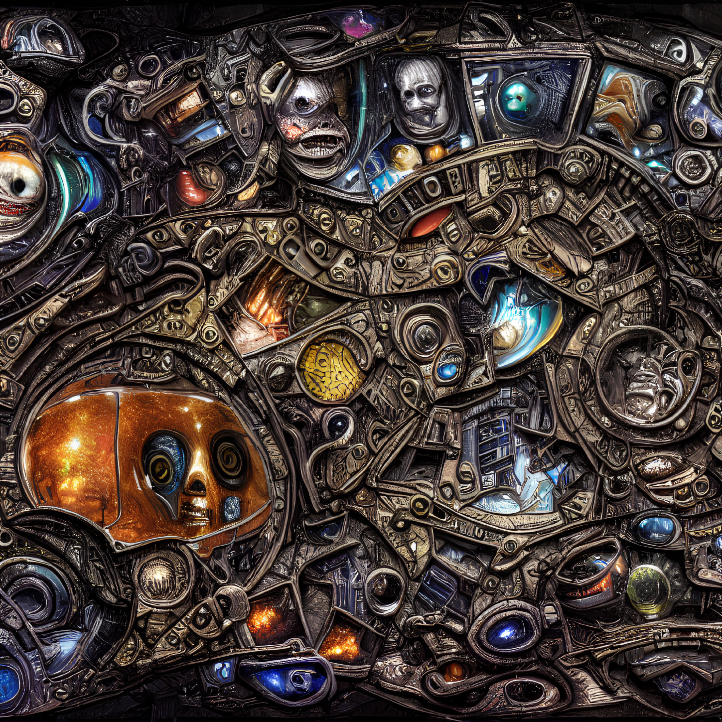 Intricate surreal collage with faces, eyes, gears, and technology
