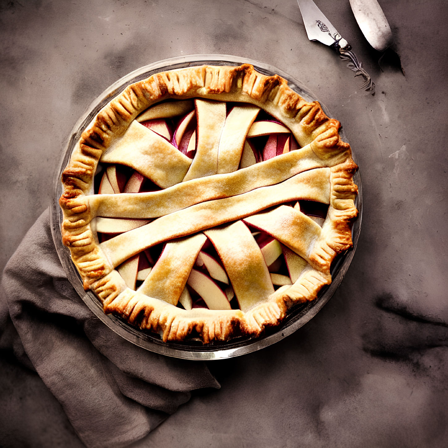 Homemade apple pie with lattice crust in glass dish on gray background