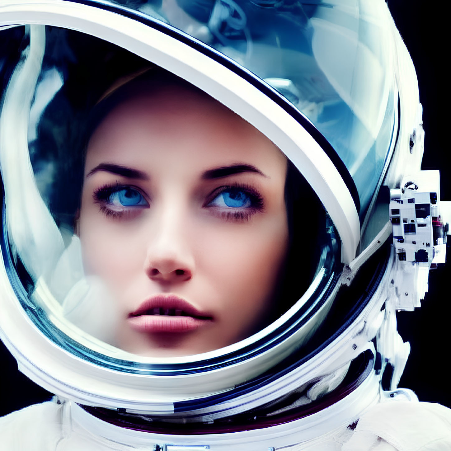 Person in space helmet with focused gaze and shuttle reflection.