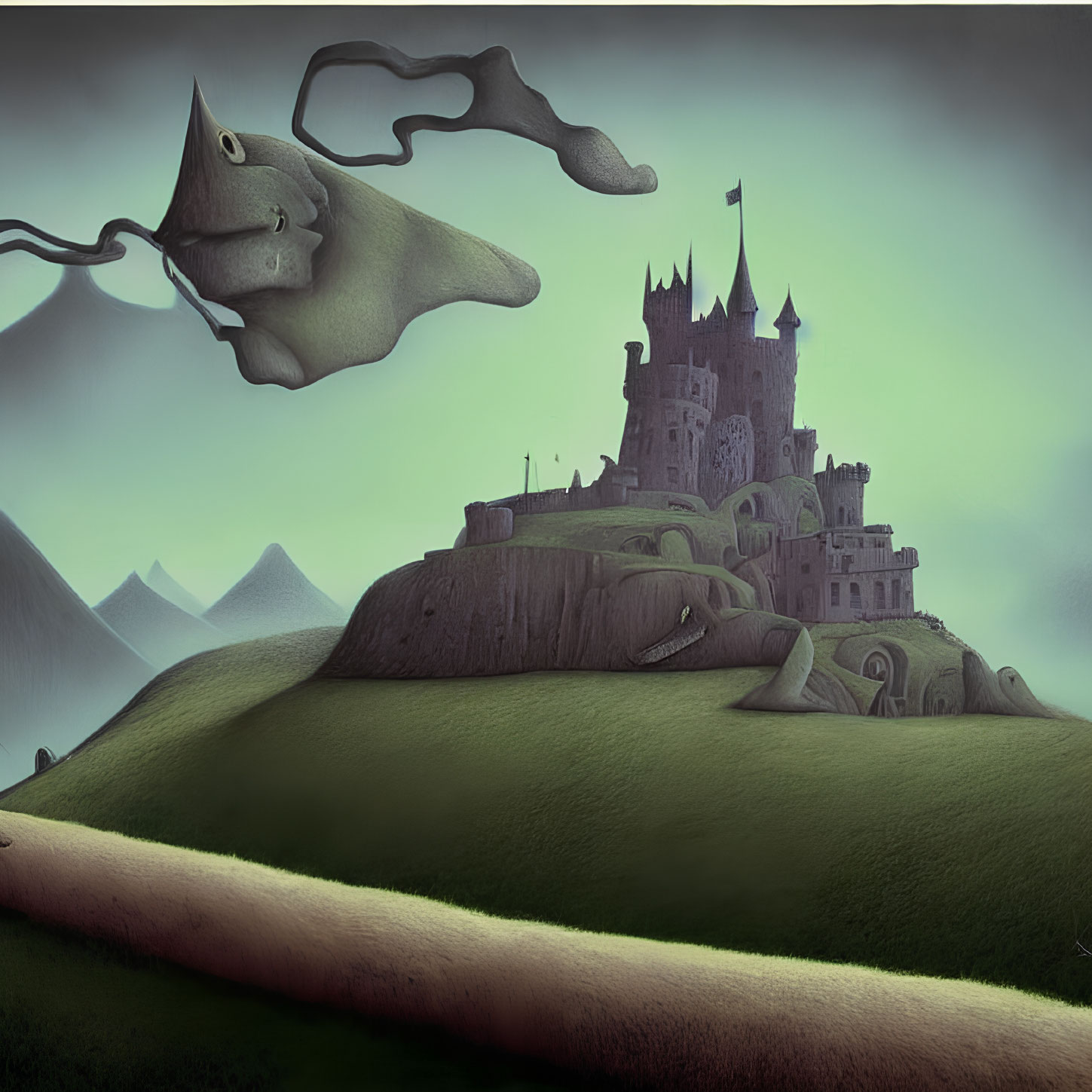 Surreal green landscape with castle, flying creature, misty mountains