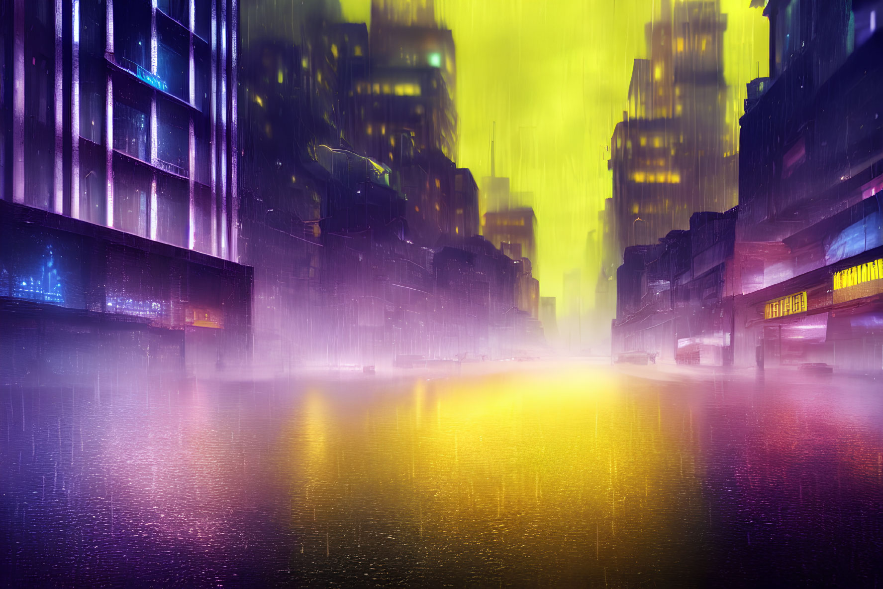Neon-lit cyberpunk cityscape in heavy rain at night