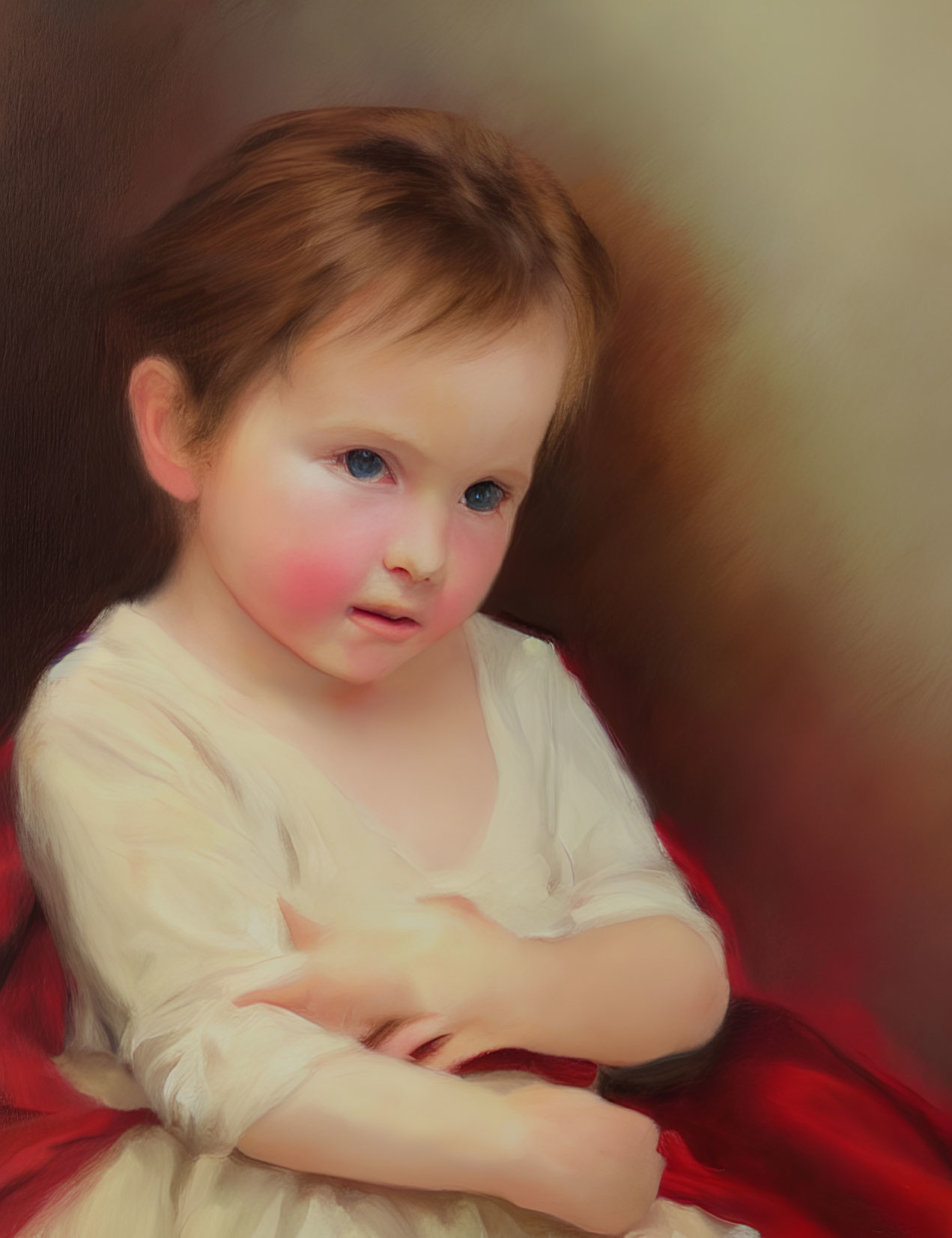 Young child portrait with rosy cheeks and short brown hair, wearing cream top, against soft brown backdrop