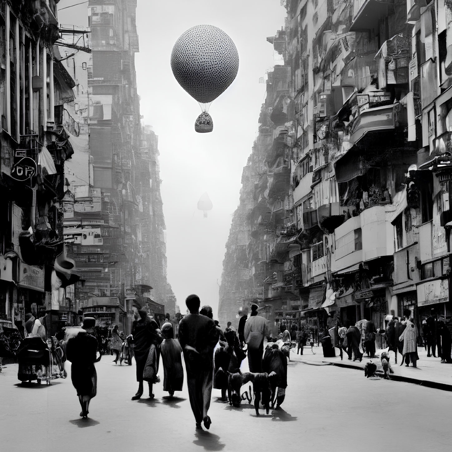 Monochrome cityscape with people, dogs, and floating sphere