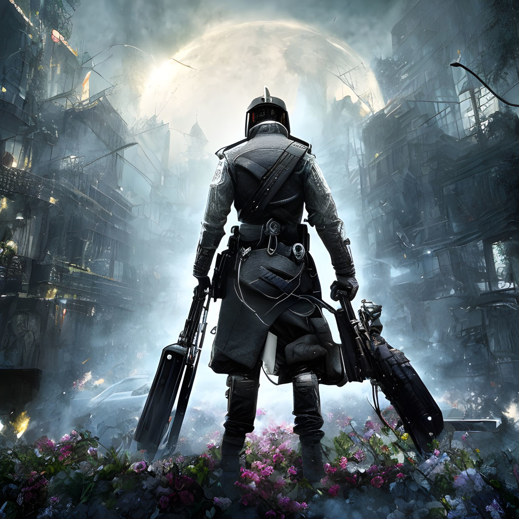 Futuristic figure in suit with weapons among ruins and flowers under large moon